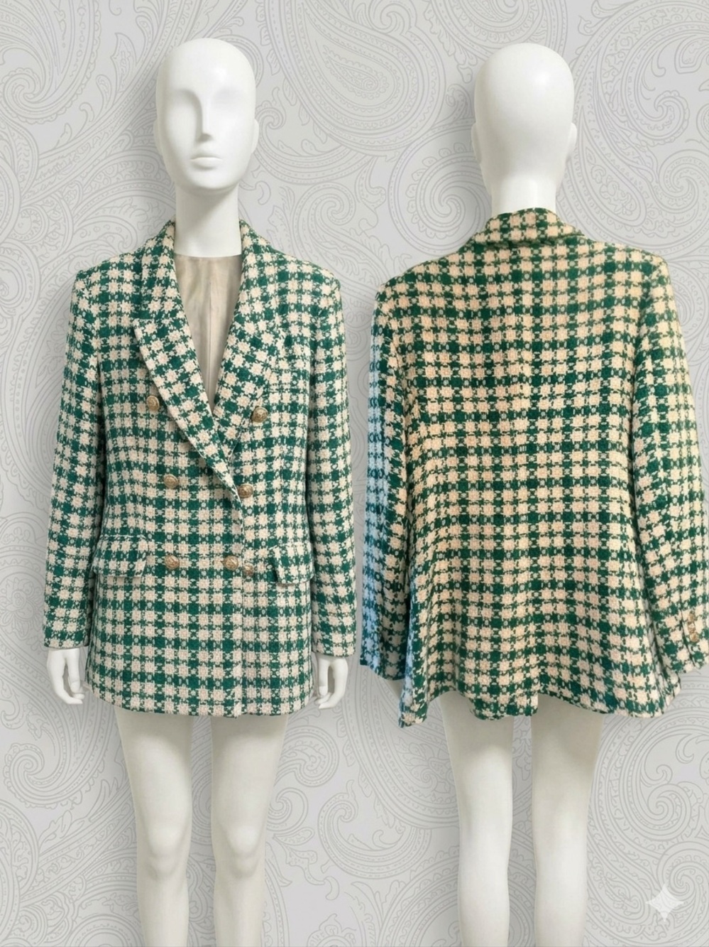 Zara Green & White Tweed Double-Breasted Blazer-Like new